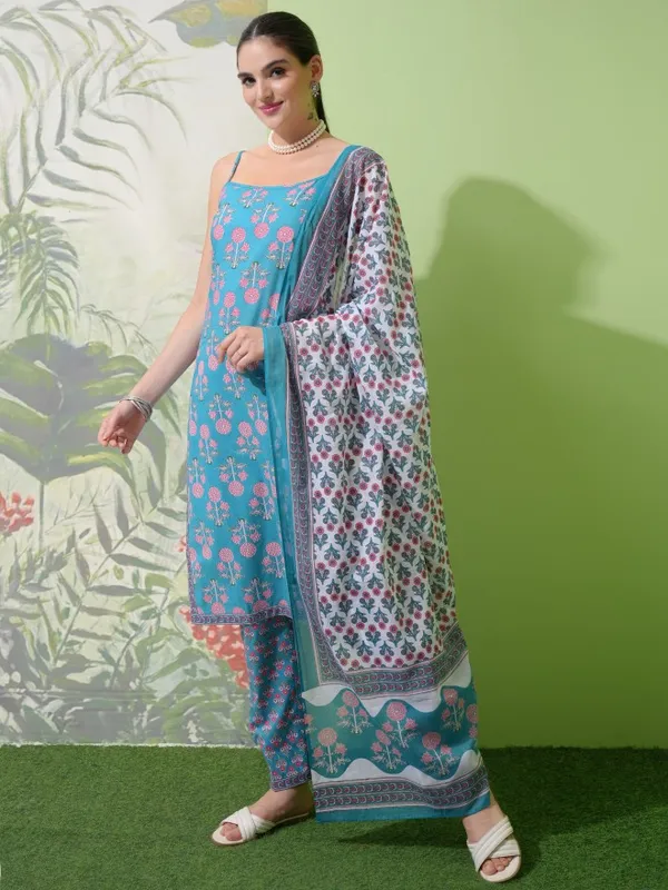 Vishudh Women Blue Printed Kurta With Trousers & Dupatta
