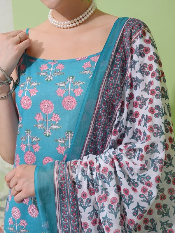 Vishudh Women Blue Printed Kurta With Trousers & Dupatta