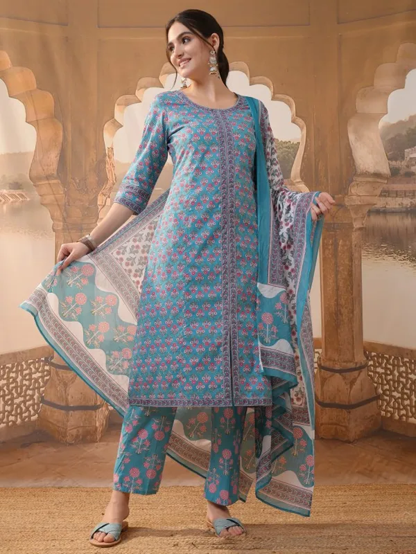 Vishudh Women Blue Printed Kurta With Trousers & Dupatta