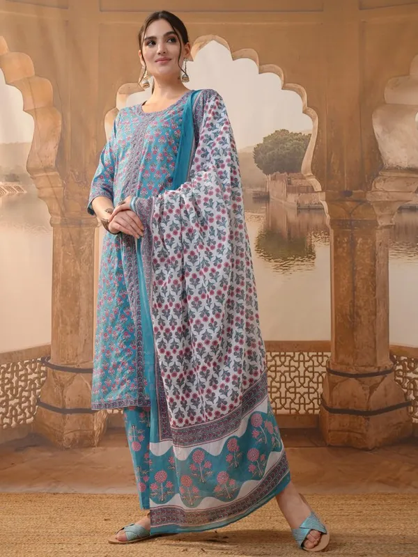 Vishudh Women Blue Printed Kurta With Trousers & Dupatta