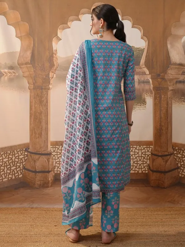 Vishudh Women Blue Printed Kurta With Trousers & Dupatta
