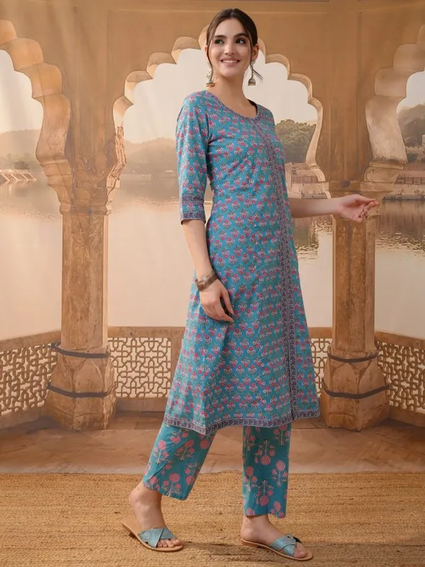 Vishudh Women Blue Printed Kurta With Trousers & Dupatta