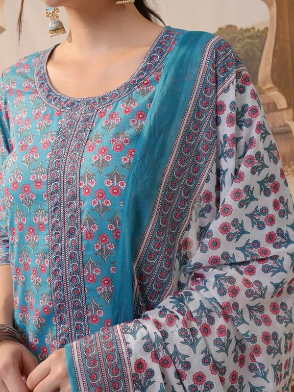 Vishudh Women Blue Printed Kurta With Trousers & Dupatta