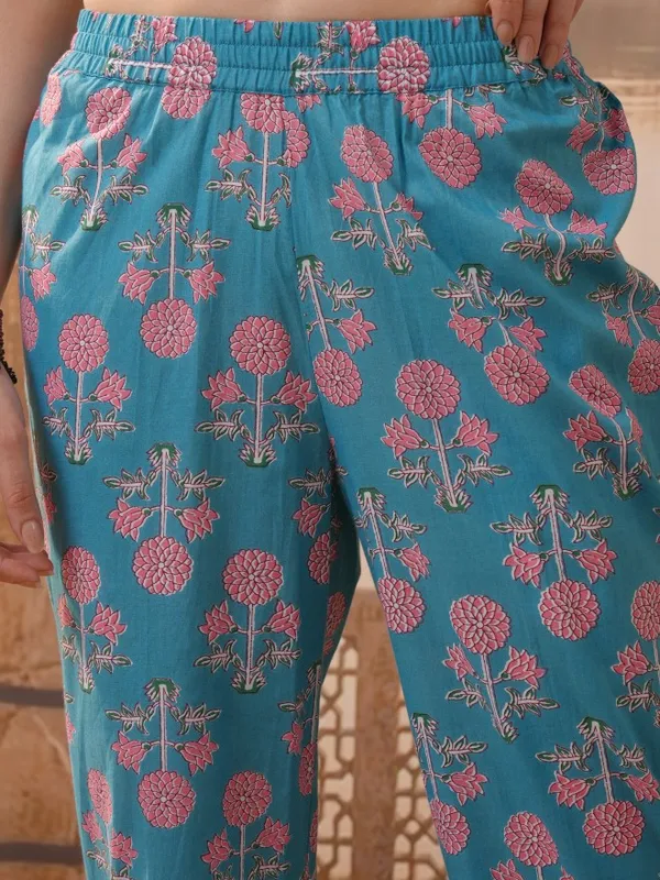 Vishudh Women Blue Printed Kurta With Trousers & Dupatta