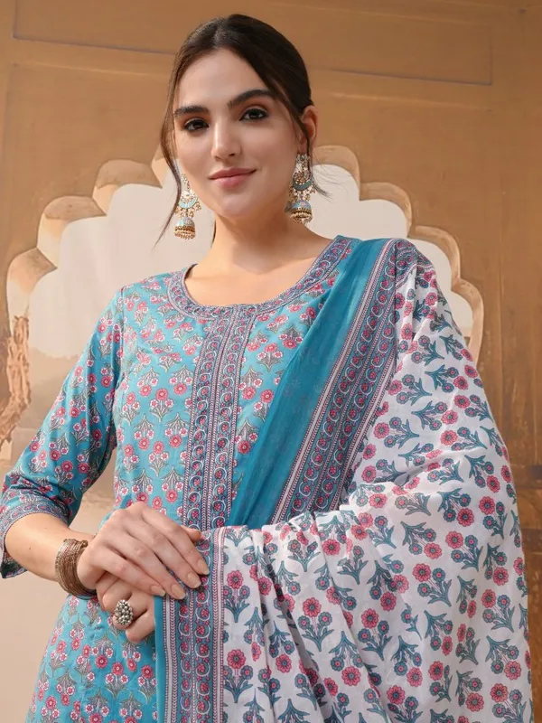Vishudh Women Blue Printed Kurta With Trousers & Dupatta