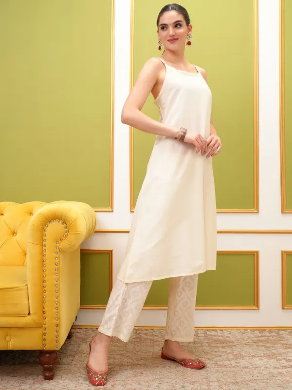  Vishudh Women Cream Embroidered Kurta Sets