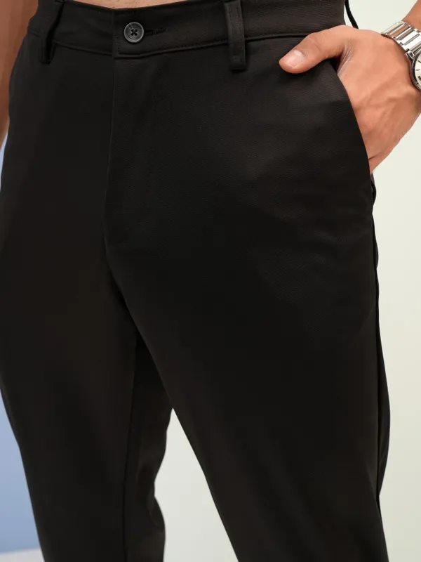  Highlander Men Black Tapered Fit Solid Casual Trousers