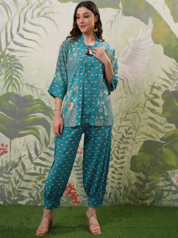 Vishudh Women Turquoise Top With Trousers Co-Ords