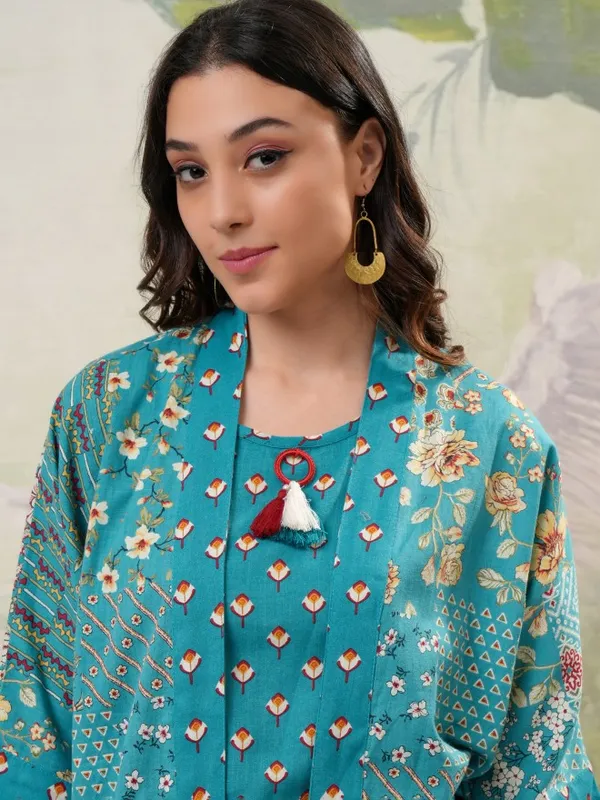 Vishudh Women Turquoise Top With Trousers Co-Ords
