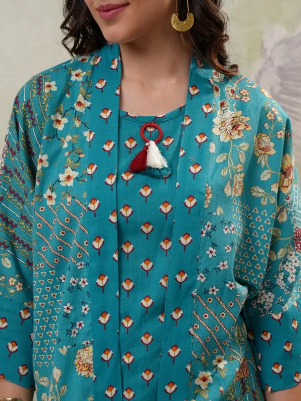 Vishudh Women Turquoise Top With Trousers Co-Ords