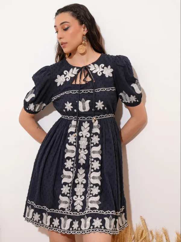 Vishudh Women Navy Blue Embroidered Fit and Flare Dress
