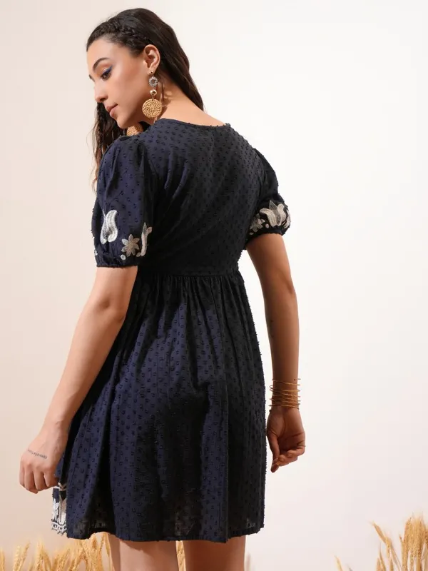 Vishudh Women Navy Blue Embroidered Fit and Flare Dress