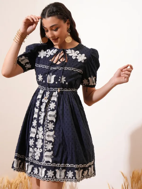 Vishudh Women Navy Blue Embroidered Fit and Flare Dress