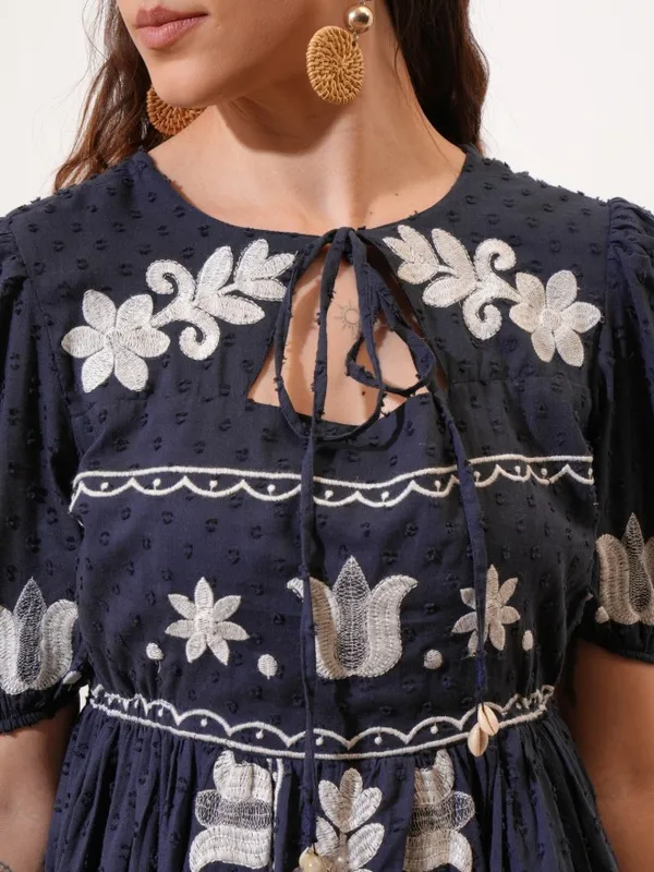 Vishudh Women Navy Blue Embroidered Fit and Flare Dress