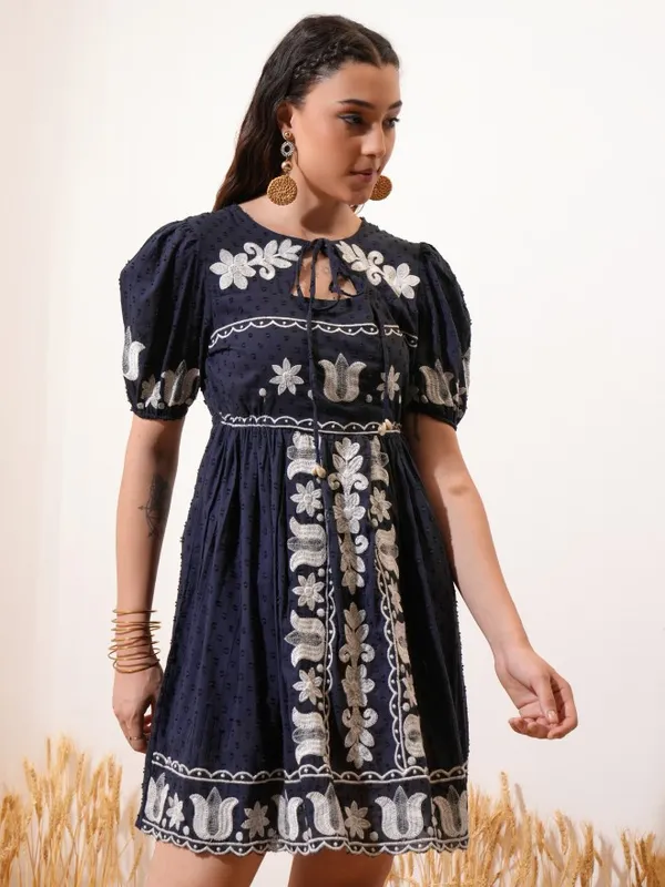 Vishudh Women Navy Blue Embroidered Fit and Flare Dress