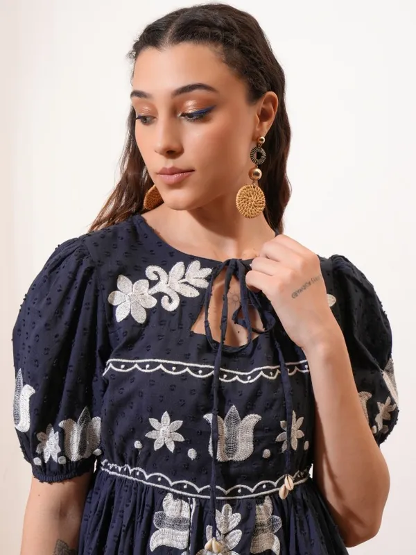 Vishudh Women Navy Blue Embroidered Fit and Flare Dress