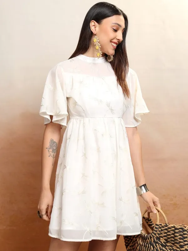 Vishudh Women White Embroidered A-Line Dress