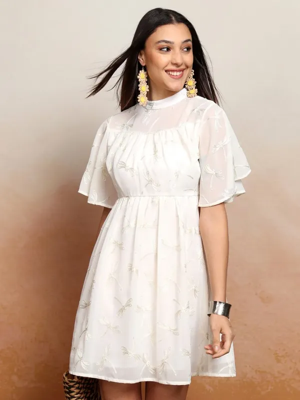 Vishudh Women White Embroidered A-Line Dress