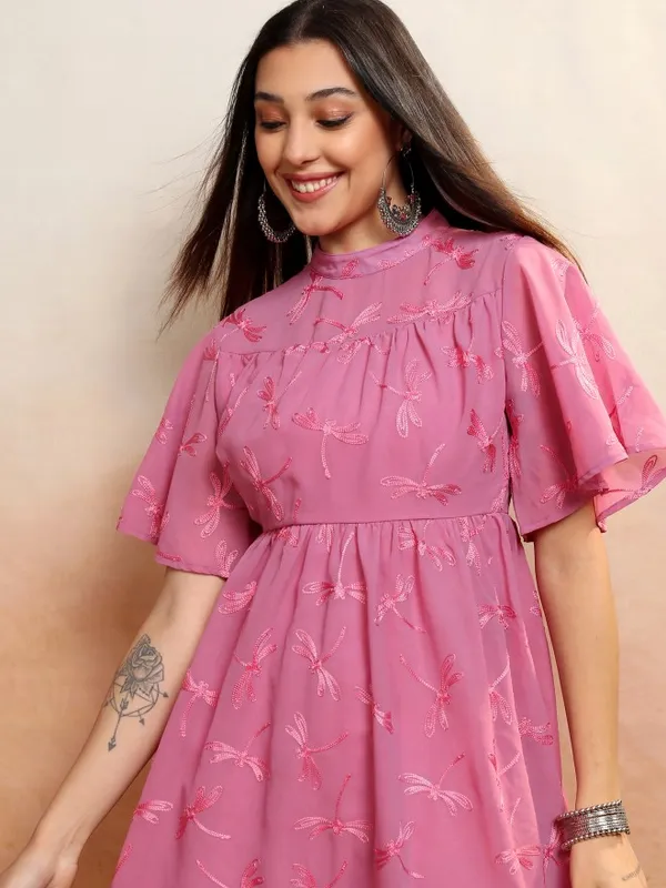 Vishudh Women Rose Embroidered A-Line Dress