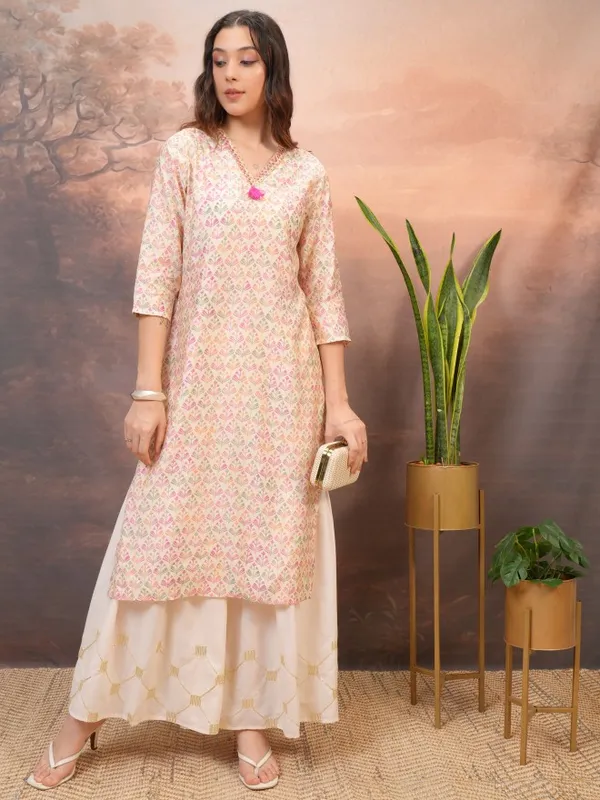 Vishudh Women Beige Embroidered Flared Palazzos