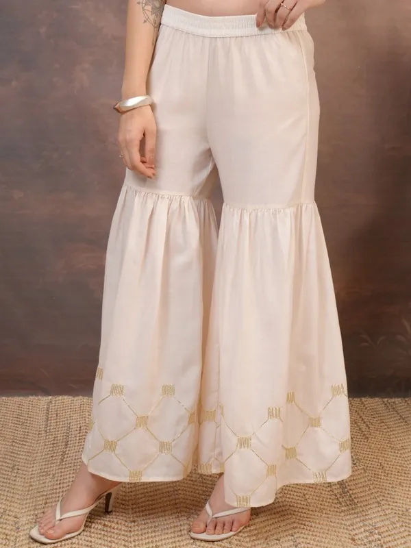 Vishudh Women Beige Embroidered Flared Palazzos