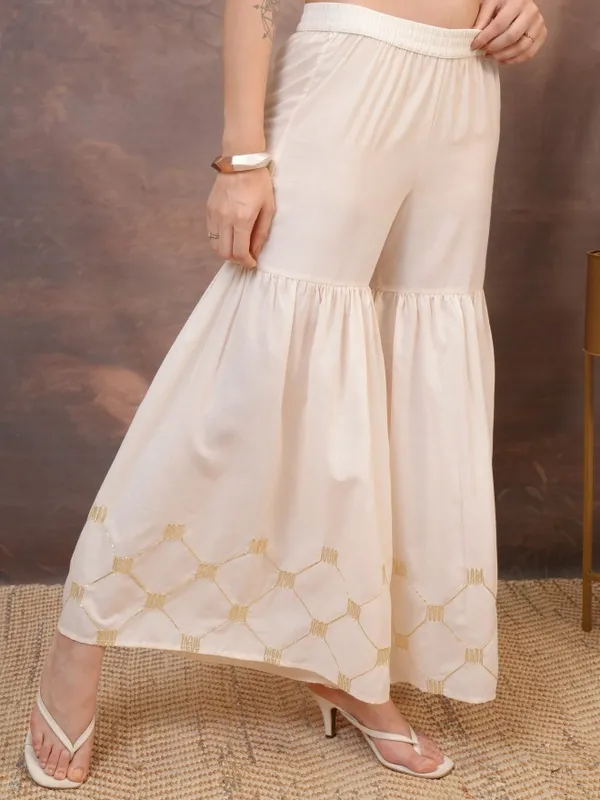 Vishudh Women Beige Embroidered Flared Palazzos