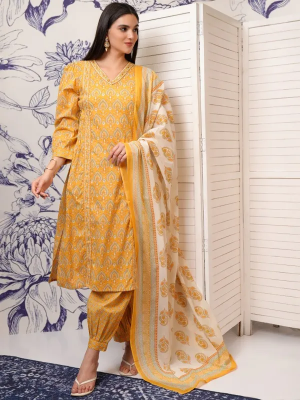 Vishudh Women Mustard Embroidered Kurta With Trousers And Dupatta