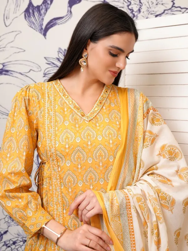 Vishudh Women Mustard Embroidered Kurta With Trousers And Dupatta