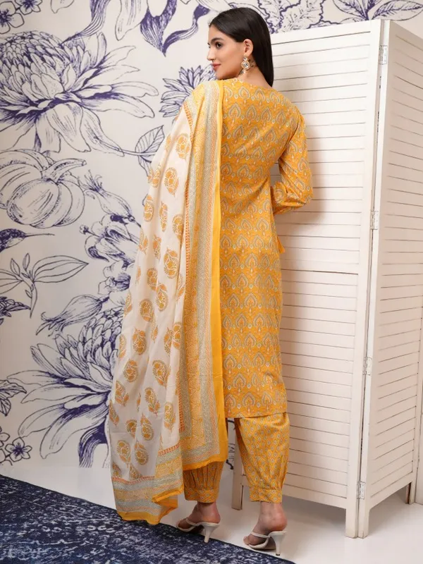 Vishudh Women Mustard Embroidered Kurta With Trousers And Dupatta