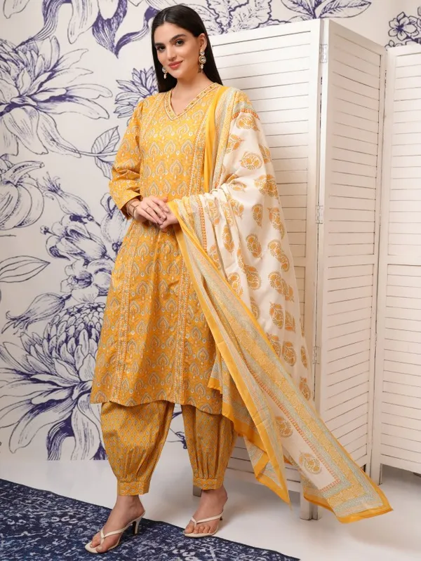Vishudh Women Mustard Embroidered Kurta With Trousers And Dupatta