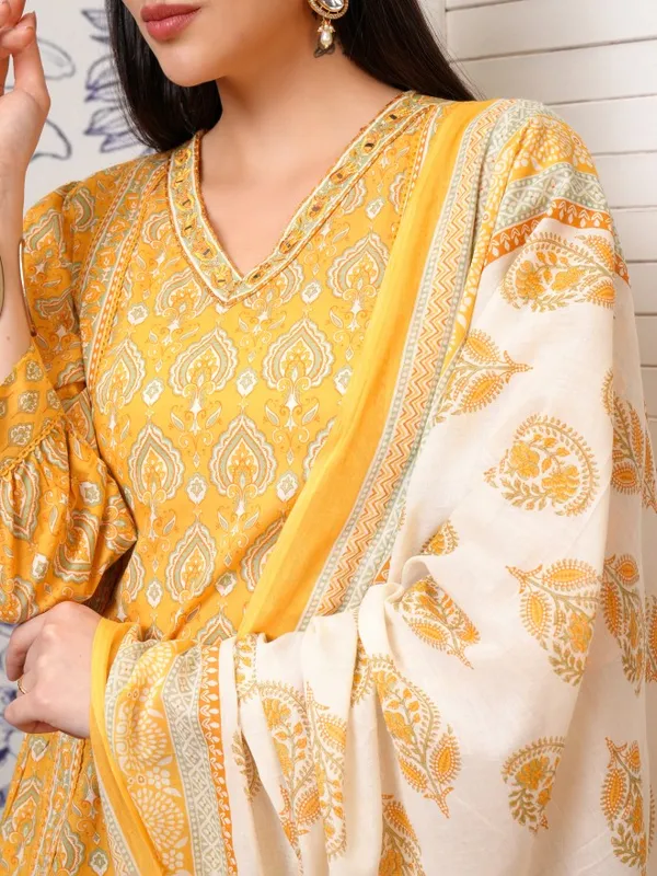 Vishudh Women Mustard Embroidered Kurta With Trousers And Dupatta