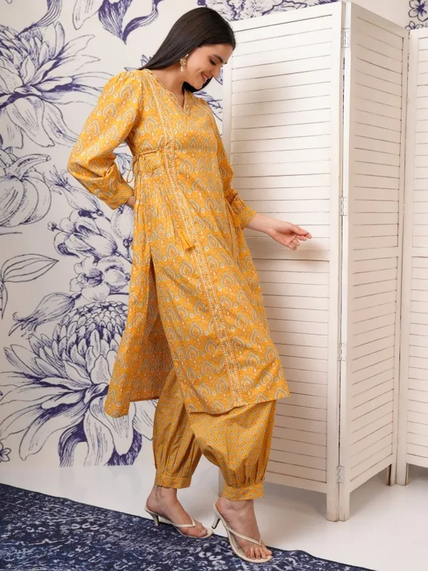 Vishudh Women Mustard Embroidered Kurta With Trousers And Dupatta