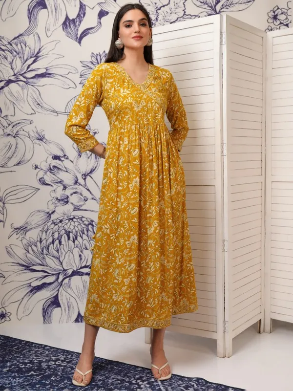 Vishudh Women Mustard Printed Fit and Flare Dress