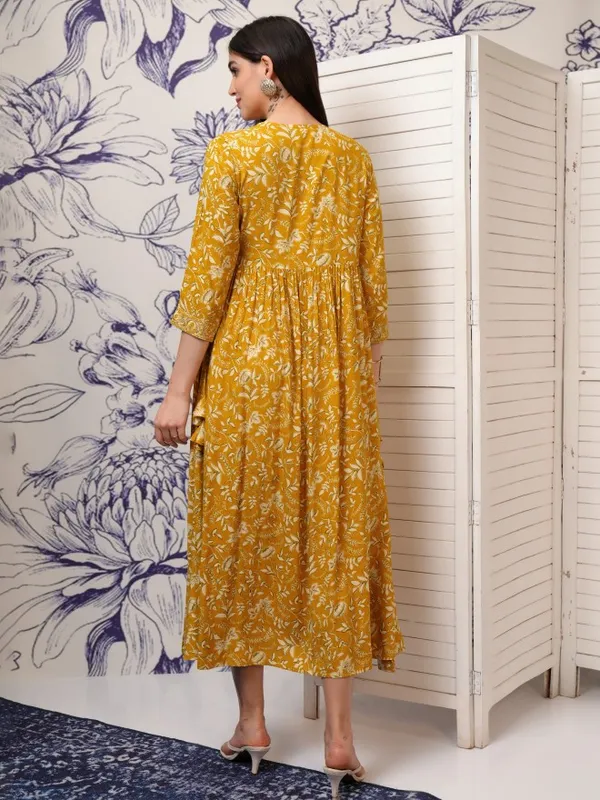Vishudh Women Mustard Printed Fit and Flare Dress