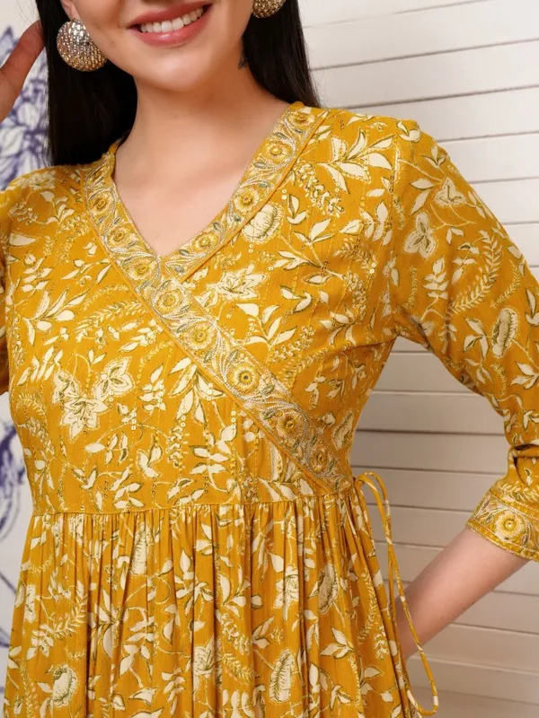 Vishudh Women Mustard Printed Fit and Flare Dress
