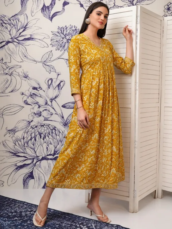 Vishudh Women Mustard Printed Fit and Flare Dress