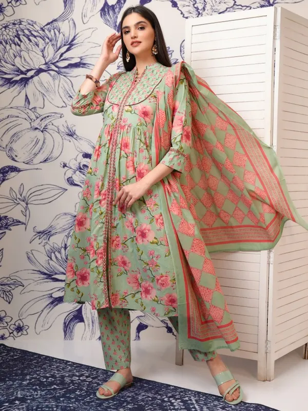 Vishudh Women Green Embroidered Kurta With Trousers And Dupatta