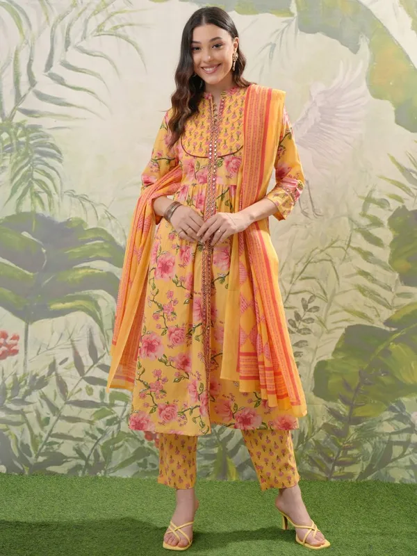 Vishudh Women Mustard Printed Kurta With Trousers & Dupatta
