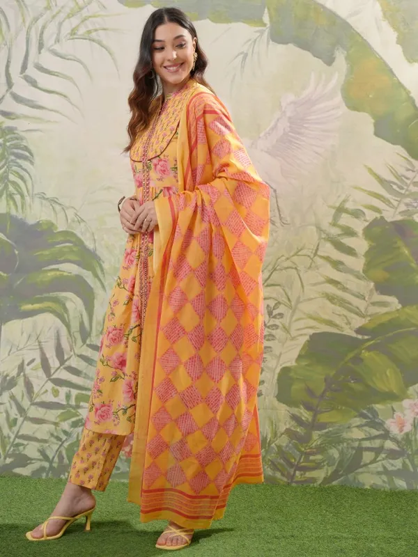 Vishudh Women Mustard Printed Kurta With Trousers & Dupatta