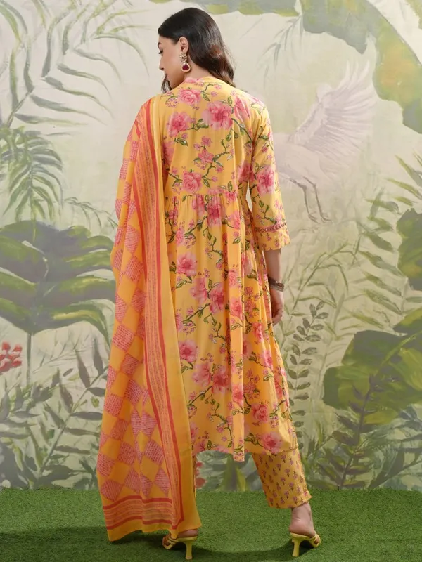 Vishudh Women Mustard Printed Kurta With Trousers & Dupatta