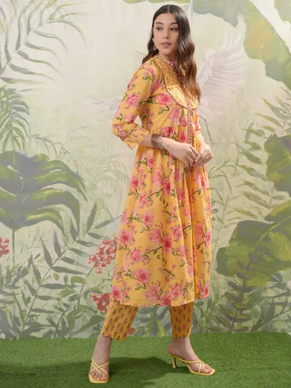 Vishudh Women Mustard Printed Kurta With Trousers & Dupatta