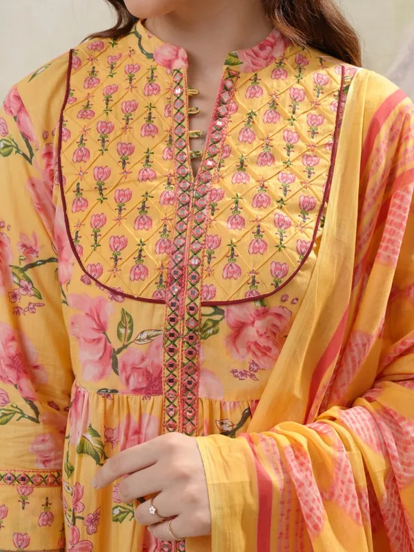 Vishudh Women Mustard Printed Kurta With Trousers & Dupatta
