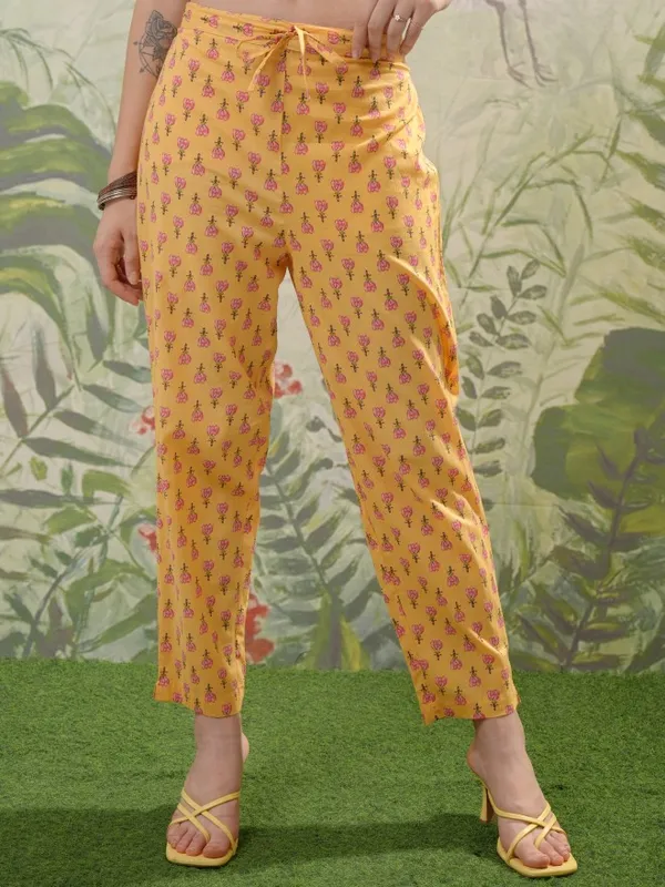 Vishudh Women Mustard Printed Kurta With Trousers & Dupatta