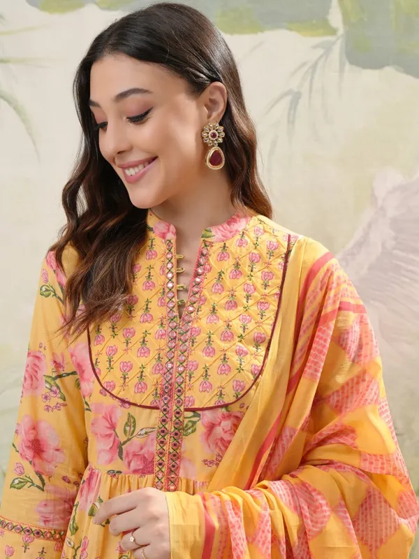 Vishudh Women Mustard Printed Kurta With Trousers & Dupatta