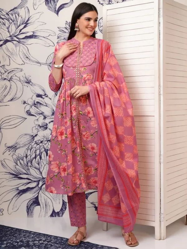 Vishudh Women Pink Embroidered Kurta With Trousers And Dupatta
