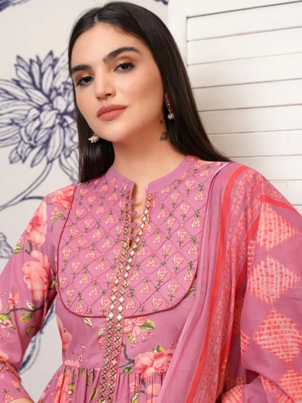 Vishudh Women Pink Embroidered Kurta With Trousers And Dupatta