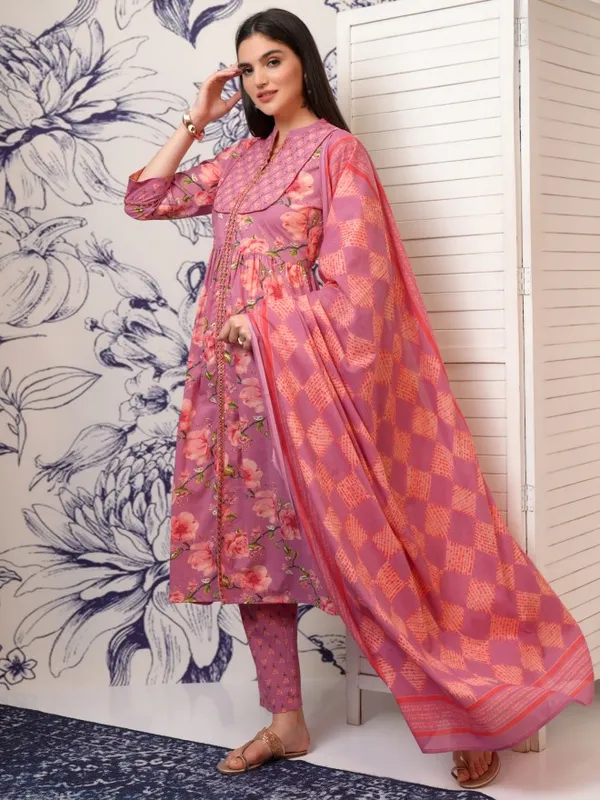 Vishudh Women Pink Embroidered Kurta With Trousers And Dupatta