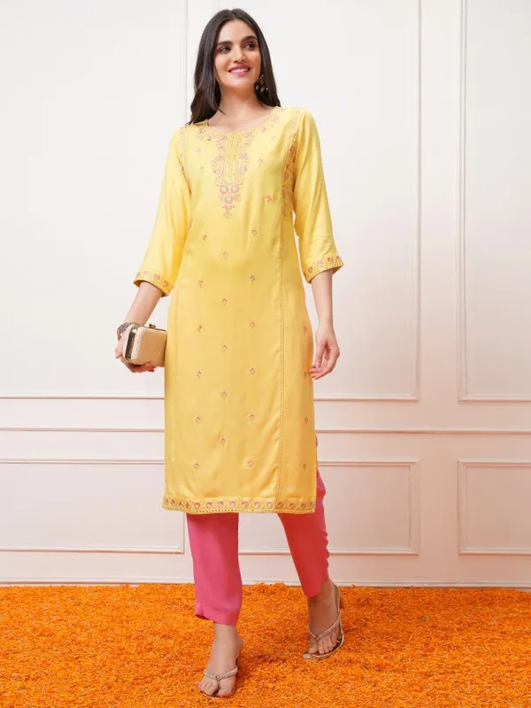 Vishudh Women Mustard Embroidered Straight Kurta