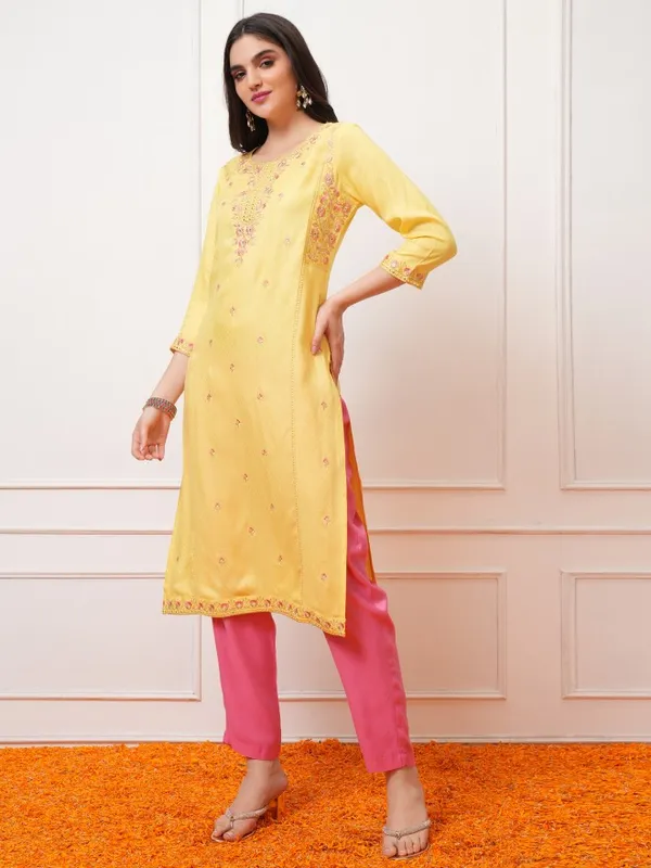Vishudh Women Mustard Embroidered Straight Kurta