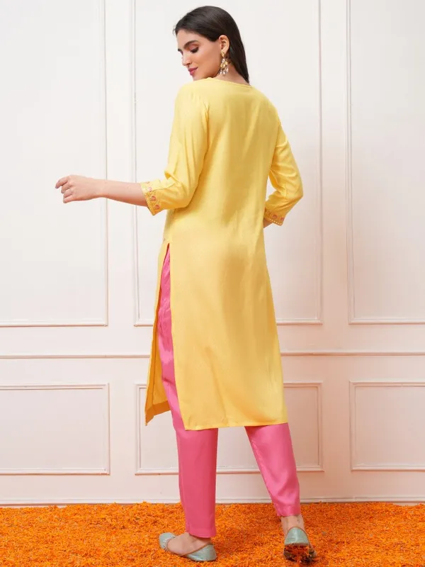 Vishudh Women Mustard Embroidered Straight Kurta